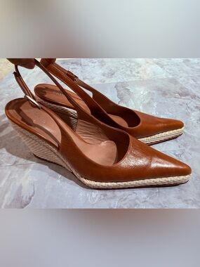 PRÜNE Brown Leather Pointed Slingback Espadrille Wedge Shoes Size 37 EU / US 6.5